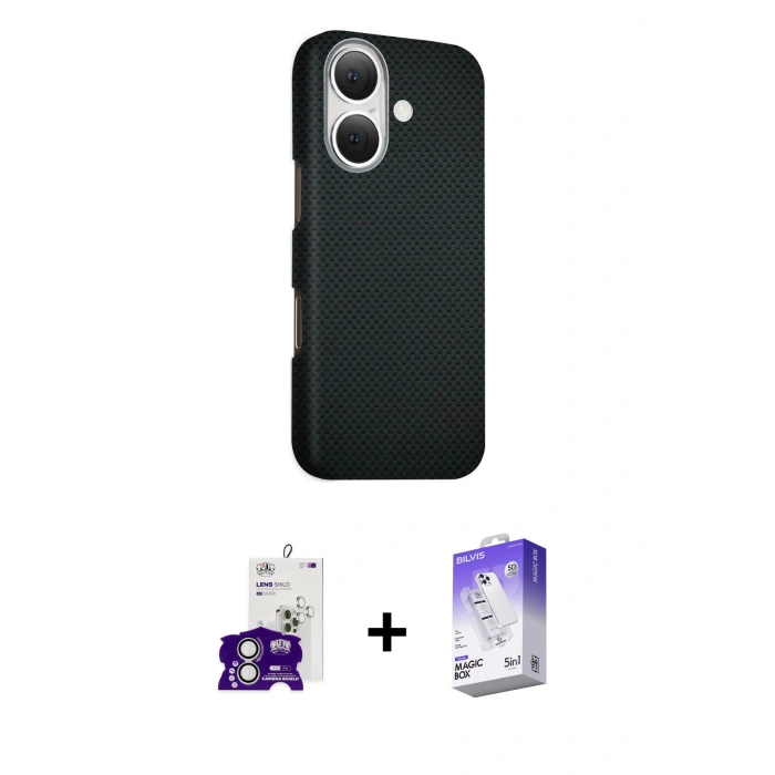 MARSİLYAN™- iPhone 16 Kılıf Kozmos Klasik Prime - Siyah Bilvis 5in1 3D Magic Cam Ekran Koruyucu + Bilvis Titan Kamera Lens - GS
