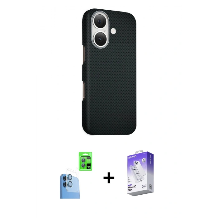 MARSİLYAN™- iPhone 16 Kılıf Kozmos Klasik Prime - Siyah Bilvis 5in1 3D Magic Cam Ekran Koruyucu + Raze Metal Kamera Lens - LT