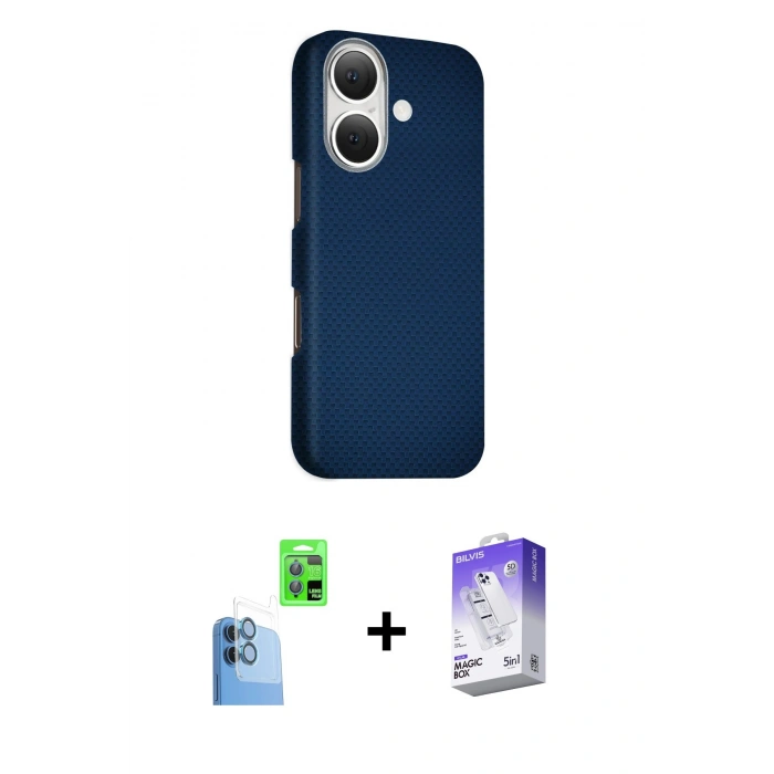 MARSİLYAN™- iPhone 16 Kılıf Kozmos Klasik Prime - Siyah Bilvis 5in1 3D Magic Cam Ekran Koruyucu + Raze Metal Kamera Lens - LT