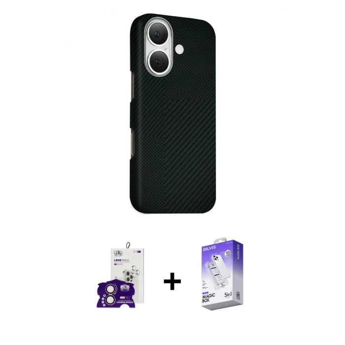 MARSİLYAN™- iPhone 16 Kılıf Kozmos Klasik Prime - Siyah Bilvis 5in1 3D Magic Cam Ekran Koruyucu + Bilvis Titan Kamera Lens - PE