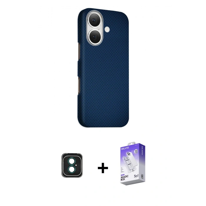 MARSİLYAN™- iPhone 16 Kılıf Kozmos Klasik Prime - Siyah Bilvis 5in1 3D Magic Cam Ekran Koruyucu + PVD Metal Kamera Lens - YL