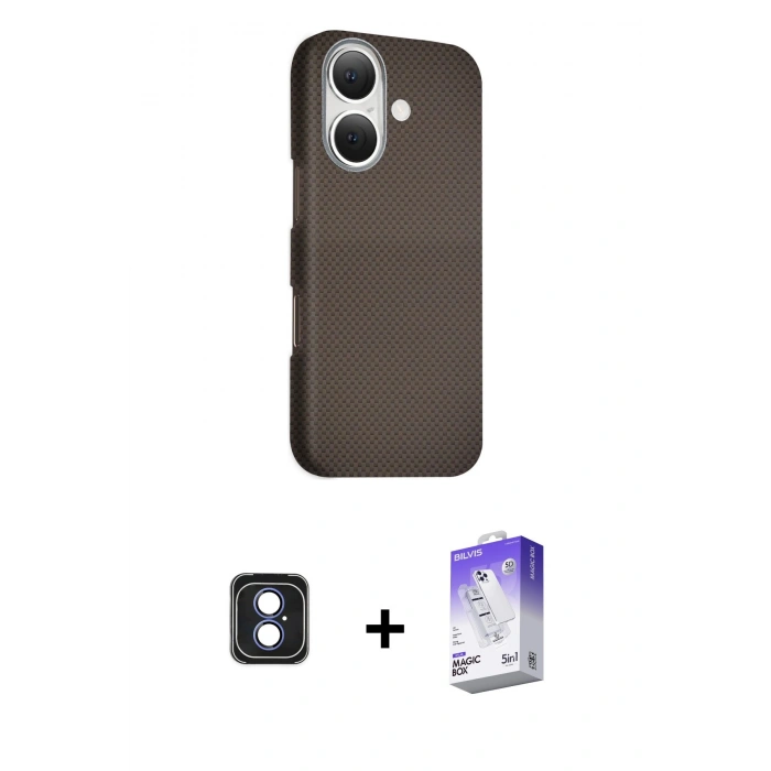 MARSİLYAN™- iPhone 16 Kılıf Kozmos Klasik Prime - Siyah Bilvis 5in1 3D Magic Cam Ekran Koruyucu + PVD Metal Kamera Lens - MI