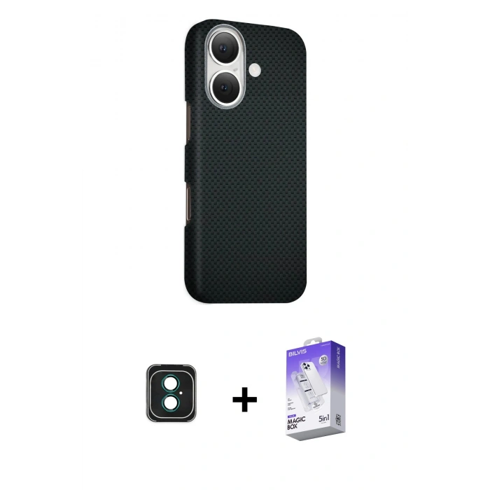 MARSİLYAN™- iPhone 16 Kılıf Kozmos Klasik Prime - Siyah Bilvis 5in1 3D Magic Cam Ekran Koruyucu + PVD Metal Kamera Lens - YL