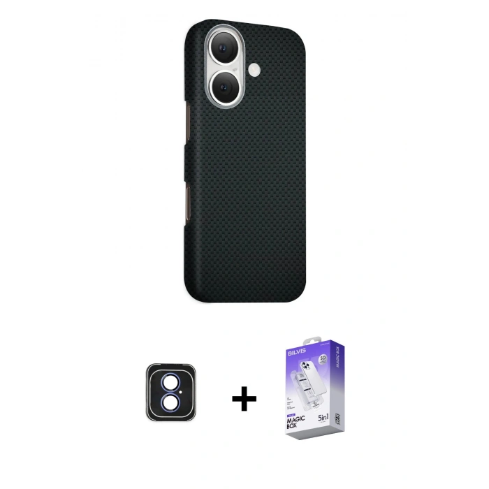 MARSİLYAN™- iPhone 16 Kılıf Kozmos Klasik Prime - Siyah Bilvis 5in1 3D Magic Cam Ekran Koruyucu + PVD Metal Kamera Lens - MI