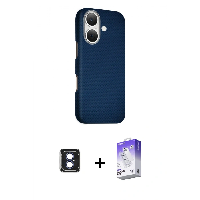 MARSİLYAN™- iPhone 16 Kılıf Kozmos Klasik Prime - Siyah Bilvis 5in1 3D Magic Cam Ekran Koruyucu + PVD Metal Kamera Lens - MI