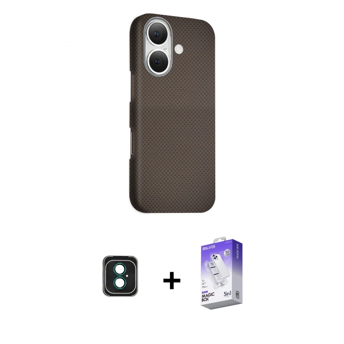 MARSİLYAN™- iPhone 16 Kılıf Kozmos Klasik Prime - Siyah Bilvis 5in1 3D Magic Cam Ekran Koruyucu + PVD Metal Kamera Lens - YL