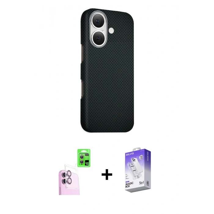 MARSİLYAN™- iPhone 16 Kılıf Kozmos Klasik Prime - Siyah Bilvis 5in1 3D Magic Cam Ekran Koruyucu + Raze Metal Kamera Lens - PE