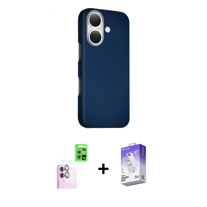 MARSİLYAN™- iPhone 16 Kılıf Kozmos Klasik Prime - Siyah Bilvis 5in1 3D Magic Cam Ekran Koruyucu + Raze Metal Kamera Lens - PE