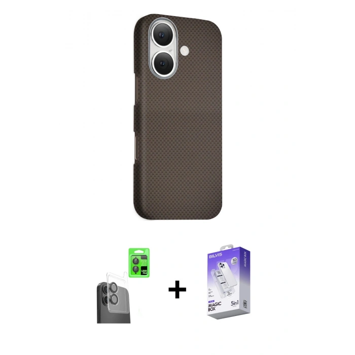 MARSİLYAN™- iPhone 16 Kılıf Kozmos Klasik Prime - Siyah Bilvis 5in1 3D Magic Cam Ekran Koruyucu + Raze Metal Kamera Lens - SH