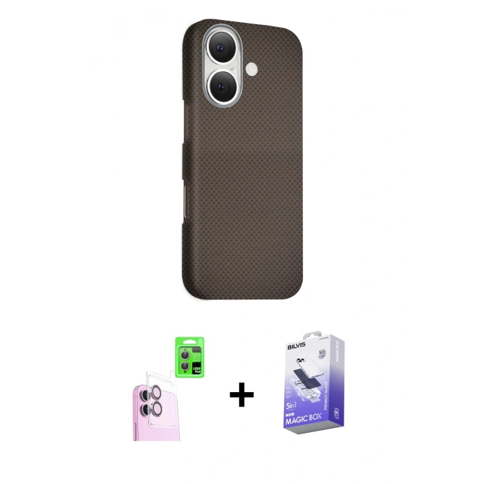 MARSİLYAN™- iPhone 16 Kılıf Kozmos Klasik Prime - Siyah Bilvis 5in1 5D Magic Hayalet Cam Ekran Koruyucu + Raze Metal Kamera Lens - PE