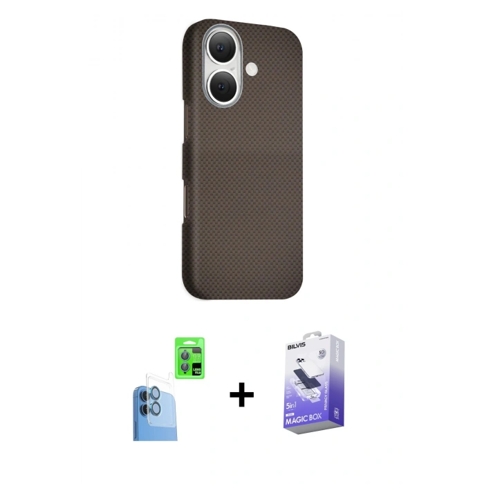 MARSİLYAN™- iPhone 16 Kılıf Kozmos Klasik Prime - Siyah Bilvis 5in1 5D Magic Hayalet Cam Ekran Koruyucu + Raze Metal Kamera Lens - LT