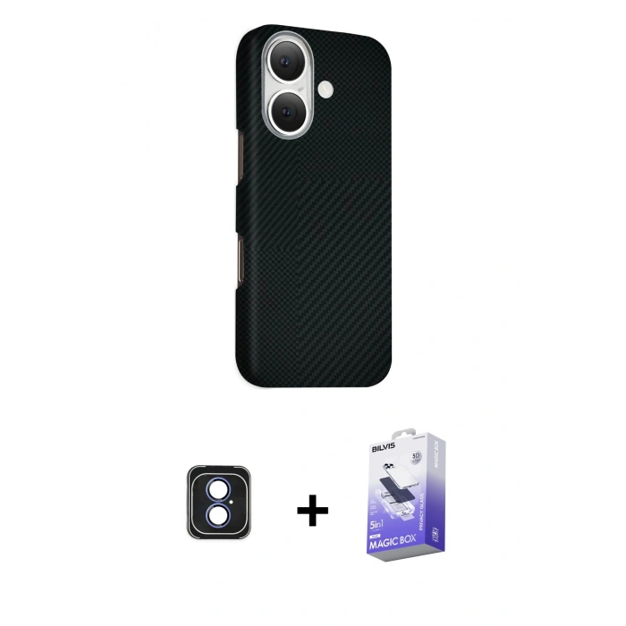MARSİLYAN™- iPhone 16 Kılıf Kozmos Klasik Prime - Siyah Bilvis 5in1 5D Magic Hayalet Cam Ekran Koruyucu + PVD Metal Kamera Lens - MI