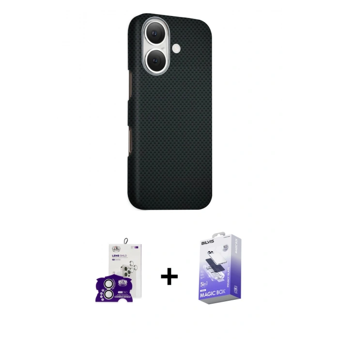 MARSİLYAN™- iPhone 16 Kılıf Kozmos Klasik Prime - Siyah Bilvis 5in1 5D Magic Hayalet Cam Ekran Koruyucu + Bilvis Titan Kamera Lens - GS