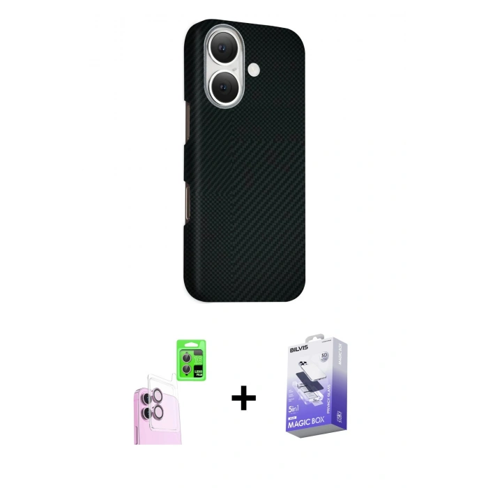 MARSİLYAN™- iPhone 16 Kılıf Kozmos Klasik Prime - Siyah Bilvis 5in1 5D Magic Hayalet Cam Ekran Koruyucu + Raze Metal Kamera Lens - PE