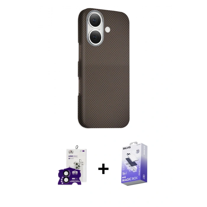 MARSİLYAN™- iPhone 16 Kılıf Kozmos Klasik Prime - Siyah Bilvis 5in1 5D Magic Hayalet Cam Ekran Koruyucu + Bilvis Titan Kamera Lens - SH
