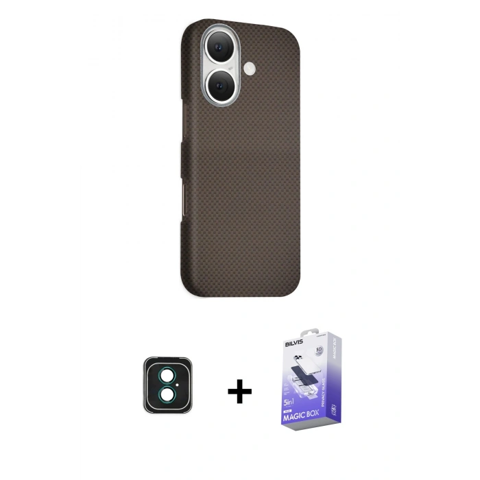 MARSİLYAN™- iPhone 16 Kılıf Kozmos Klasik Prime - Siyah Bilvis 5in1 5D Magic Hayalet Cam Ekran Koruyucu + PVD Metal Kamera Lens - YL
