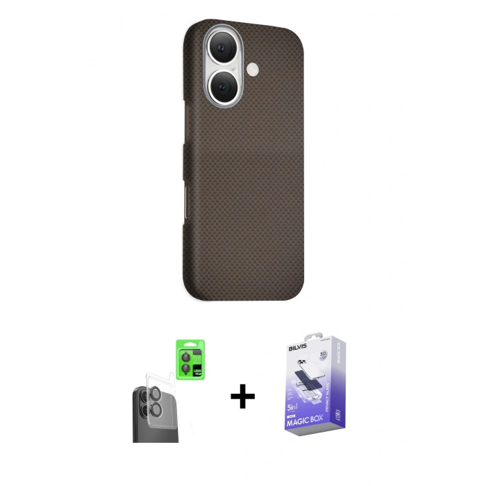 MARSİLYAN™- iPhone 16 Kılıf Kozmos Klasik Prime - Siyah Bilvis 5in1 5D Magic Hayalet Cam Ekran Koruyucu + Raze Metal Kamera Lens - SH