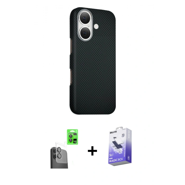 MARSİLYAN™- iPhone 16 Kılıf Kozmos Klasik Prime - Siyah Bilvis 5in1 5D Magic Hayalet Cam Ekran Koruyucu + Raze Metal Kamera Lens - SH