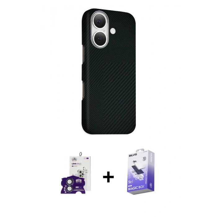 MARSİLYAN™- iPhone 16 Kılıf Kozmos Klasik Prime - Siyah Bilvis 5in1 5D Magic Hayalet Cam Ekran Koruyucu + Bilvis Titan Kamera Lens - YL