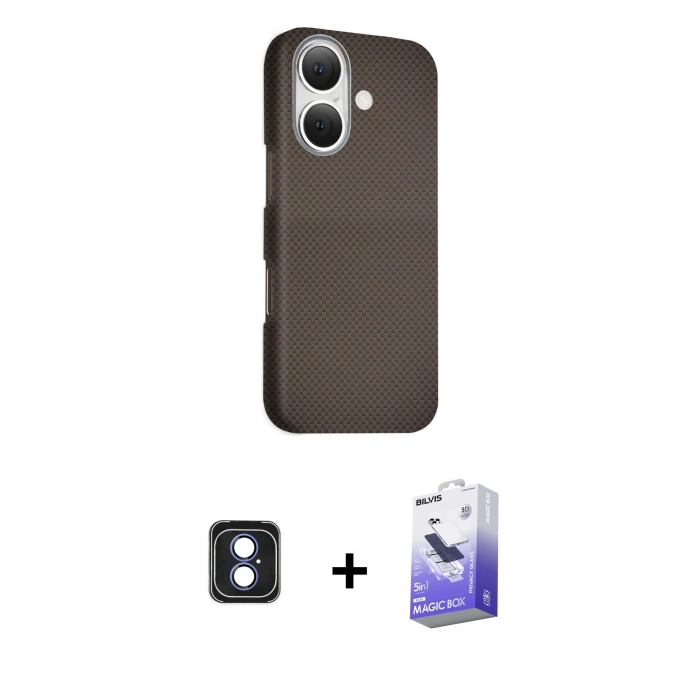 MARSİLYAN™- iPhone 16 Kılıf Kozmos Klasik Prime - Siyah Bilvis 5in1 5D Magic Hayalet Cam Ekran Koruyucu + PVD Metal Kamera Lens - MI