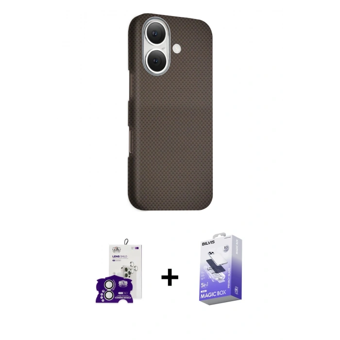 MARSİLYAN™- iPhone 16 Kılıf Kozmos Klasik Prime - Siyah Bilvis 5in1 5D Magic Hayalet Cam Ekran Koruyucu + Bilvis Titan Kamera Lens - GS