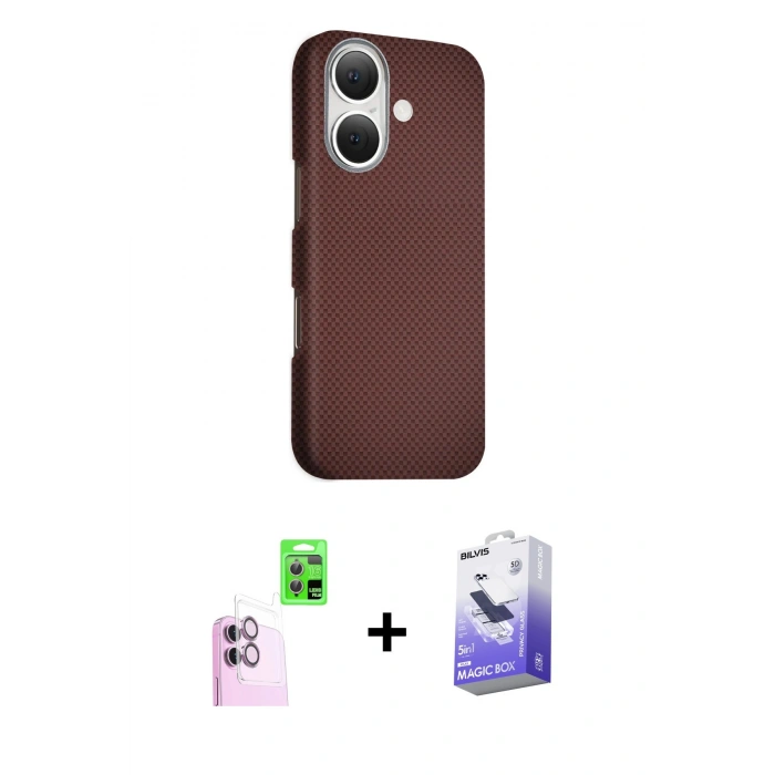 MARSİLYAN™- iPhone 16 Kılıf Kozmos Klasik Prime - Siyah Bilvis 5in1 5D Magic Hayalet Cam Ekran Koruyucu + Raze Metal Kamera Lens - PE