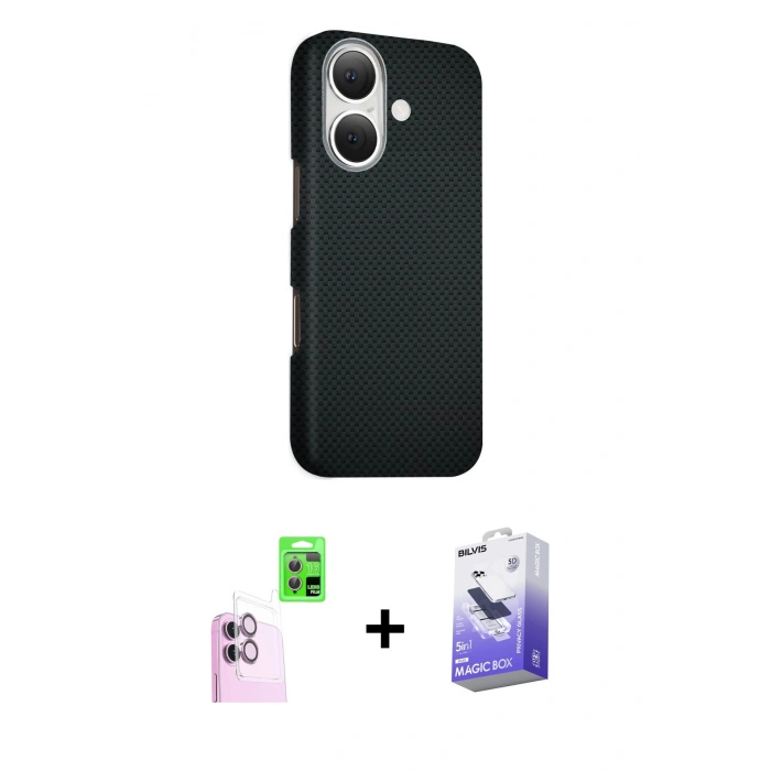 MARSİLYAN™- iPhone 16 Kılıf Kozmos Klasik Prime - Siyah Bilvis 5in1 5D Magic Hayalet Cam Ekran Koruyucu + Raze Metal Kamera Lens - PE