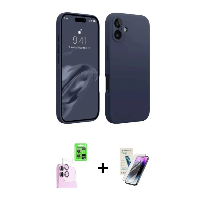 MARSİLYAN™- iPhone 16 Kılıf Kozmos Yansıma Özel Seri - Şeffaf Pasifik Cam Ekran Koruyucu + Pembe Raze Metal Kamera Lens