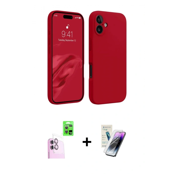 MARSİLYAN™- iPhone 16 Kılıf Kozmos Yansıma Özel Seri - Şeffaf Pasifik Cam Ekran Koruyucu + Pembe Raze Metal Kamera Lens