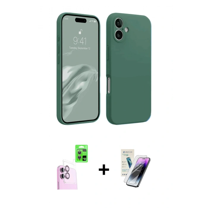 MARSİLYAN™- iPhone 16 Kılıf Kozmos Yansıma Özel Seri - Şeffaf Pasifik Cam Ekran Koruyucu + Pembe Raze Metal Kamera Lens
