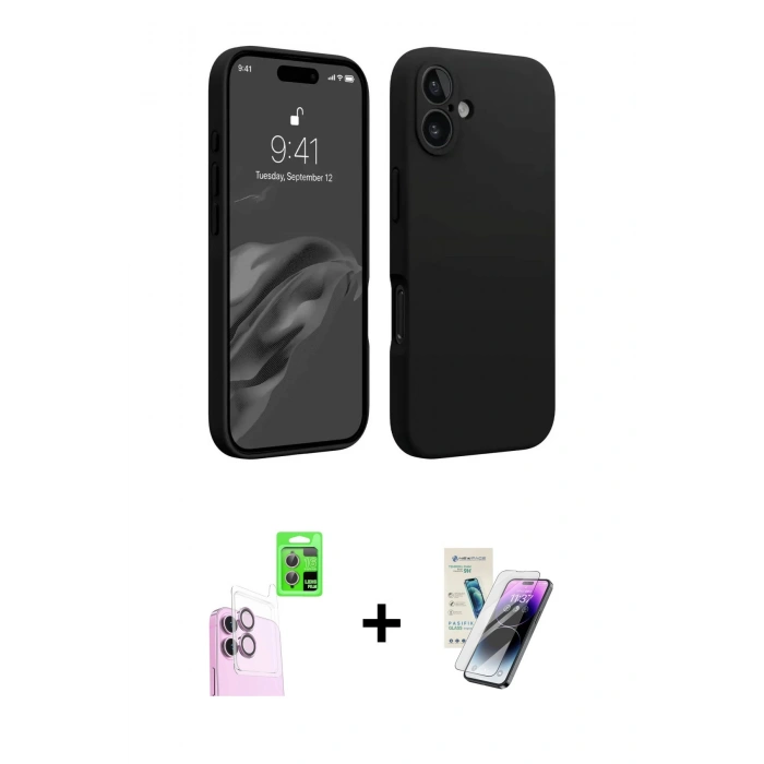 MARSİLYAN™- iPhone 16 Kılıf Kozmos Yansıma Özel Seri - Şeffaf Pasifik Cam Ekran Koruyucu + Pembe Raze Metal Kamera Lens