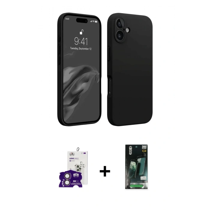 MARSİLYAN™- iPhone 16 Kılıf Kozmos Yansıma Özel Seri - Siyah 360 Mat Full Body Arka Koruyucu + Bilvis Titan Kamera Lens - PE