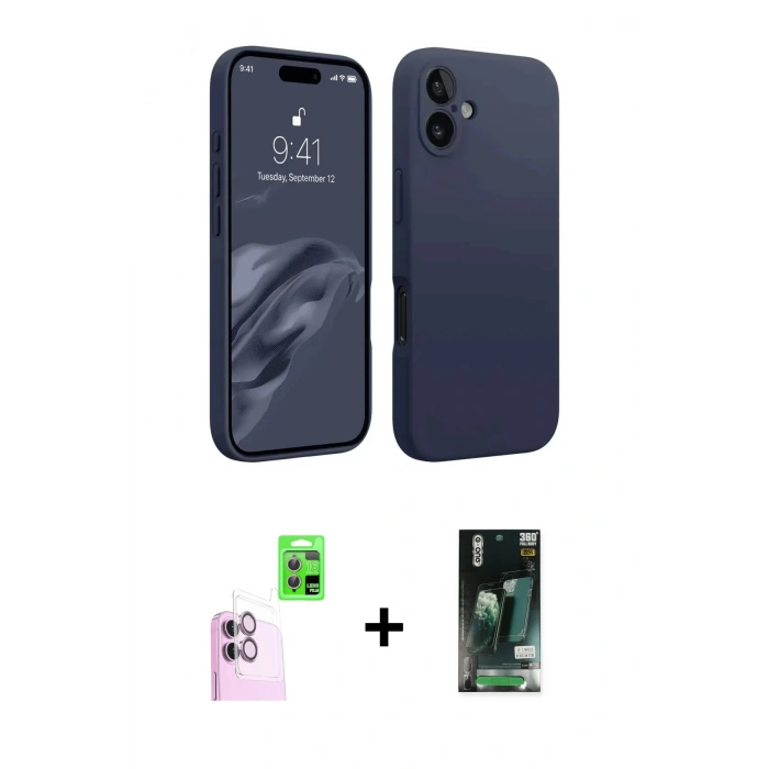 MARSİLYAN™- iPhone 16 Kılıf Kozmos Yansıma Özel Seri - Siyah 360 Mat Full Body Arka Koruyucu + Raze Metal Kamera Lens - PE
