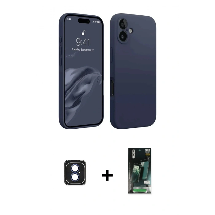 MARSİLYAN™- iPhone 16 Kılıf Kozmos Yansıma Özel Seri - Siyah 360 Mat Full Body Arka Koruyucu + PVD Metal Kamera Lens - MI