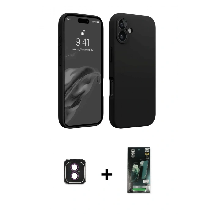 MARSİLYAN™- iPhone 16 Kılıf Kozmos Yansıma Özel Seri - Siyah 360 Mat Full Body Arka Koruyucu + PVD Metal Kamera Lens - PE