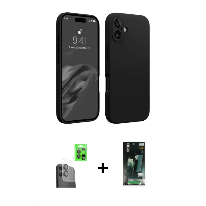 MARSİLYAN™- iPhone 16 Kılıf Kozmos Yansıma Özel Seri - Siyah 360 Mat Full Body Arka Koruyucu + Raze Metal Kamera Lens - SH