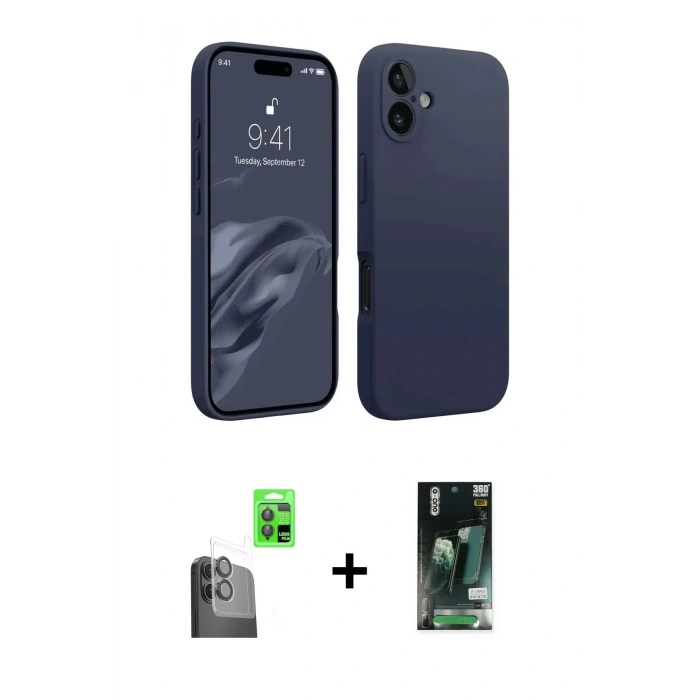 MARSİLYAN™- iPhone 16 Kılıf Kozmos Yansıma Özel Seri - Siyah 360 Mat Full Body Arka Koruyucu + Raze Metal Kamera Lens - SH