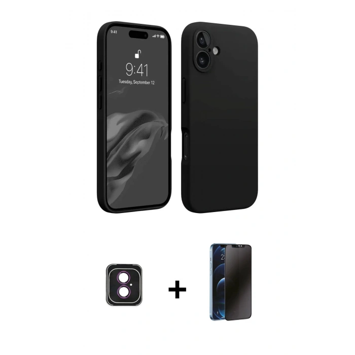 MARSİLYAN™- iPhone 16 Kılıf Kozmos Yansıma Özel Seri - Siyah 3D Antistatik Hayalet Cam Ekran Koruyucu + PVD Metal Kamera Lens - PE