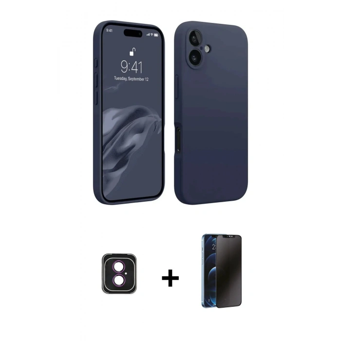 MARSİLYAN™- iPhone 16 Kılıf Kozmos Yansıma Özel Seri - Siyah 3D Antistatik Hayalet Cam Ekran Koruyucu + PVD Metal Kamera Lens - PE