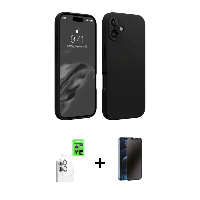MARSİLYAN™- iPhone 16 Kılıf Kozmos Yansıma Özel Seri - Siyah 3D Antistatik Hayalet Cam Ekran Koruyucu + Raze Metal Kamera Lens - BZ