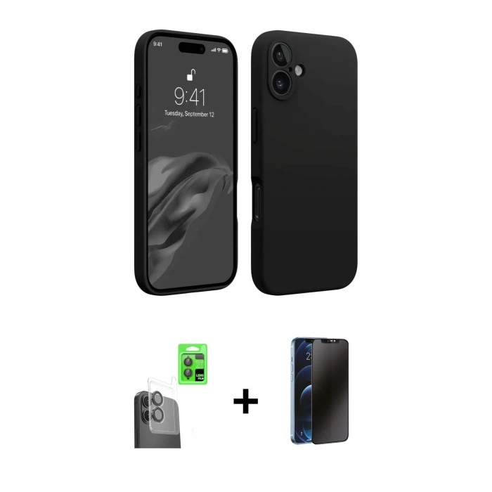 MARSİLYAN™- iPhone 16 Kılıf Kozmos Yansıma Özel Seri - Siyah 3D Antistatik Hayalet Cam Ekran Koruyucu + Raze Metal Kamera Lens - SH