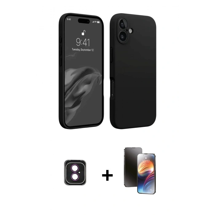 MARSİLYAN™- iPhone 16 Kılıf Kozmos Yansıma Özel Seri - Siyah 3D Antistatik Mat Seramik Nano Ekran Koruyucu + PVD Metal Kamera Lens - PE