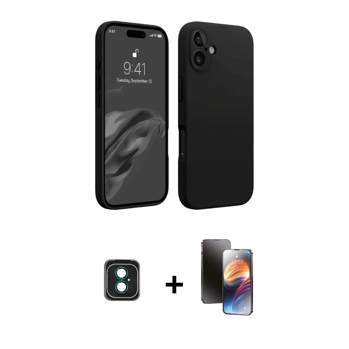 MARSİLYAN™- iPhone 16 Kılıf Kozmos Yansıma Özel Seri - Siyah 3D Antistatik Mat Seramik Nano Ekran Koruyucu + PVD Metal Kamera Lens - YL