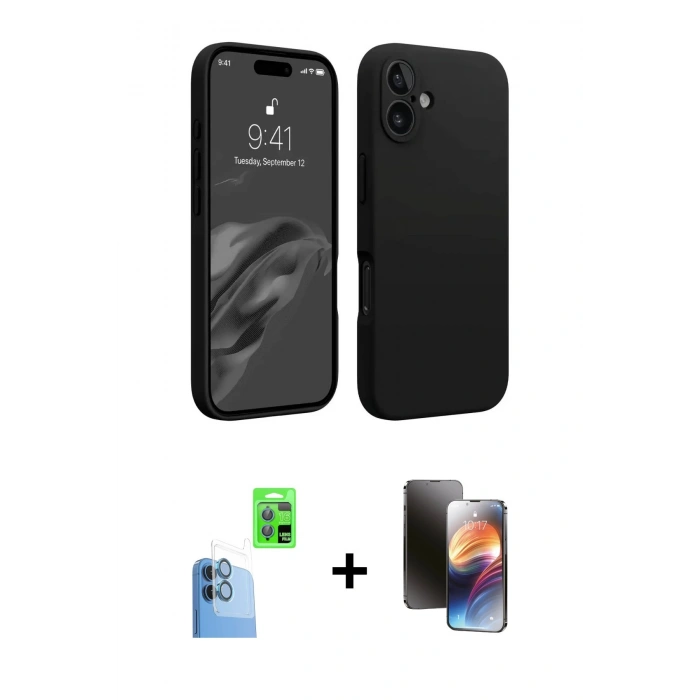 MARSİLYAN™- iPhone 16 Kılıf Kozmos Yansıma Özel Seri - Siyah 3D Antistatik Mat Seramik Nano Ekran Koruyucu + Raze Metal Kamera Lens - LT
