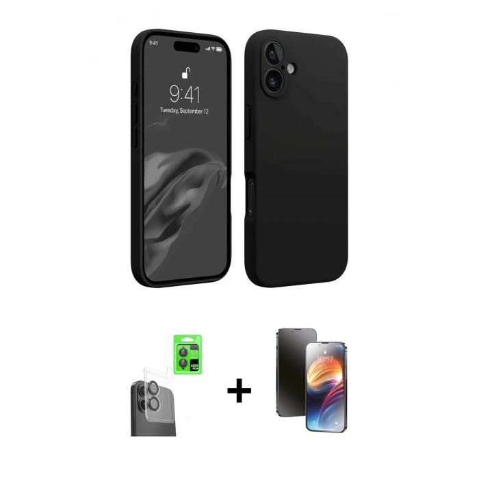 MARSİLYAN™- iPhone 16 Kılıf Kozmos Yansıma Özel Seri - Siyah 3D Antistatik Mat Seramik Nano Ekran Koruyucu + Siyah Raze Metal Kamera Lens