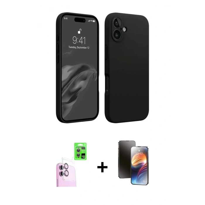 MARSİLYAN™- iPhone 16 Kılıf Kozmos Yansıma Özel Seri - Siyah 3D Antistatik Mat Seramik Nano Ekran Koruyucu + Raze Metal Kamera Lens - PE