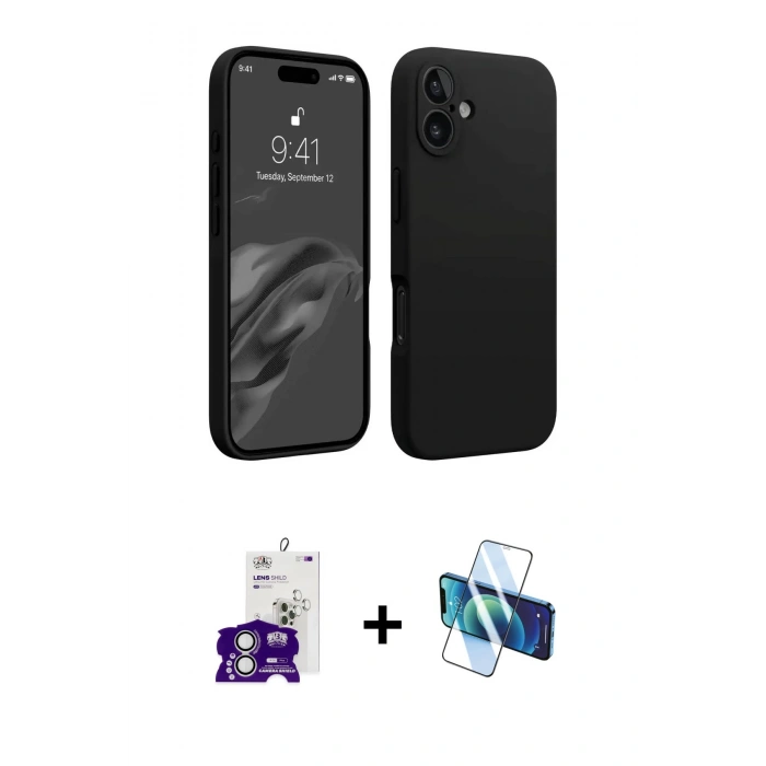 MARSİLYAN™- iPhone 16 Kılıf Kozmos Yansıma Özel Seri - Siyah 3D Antistatik Seramik Nano Ekran Koruyucu + Gümüş Bilvis Titan Kamera Lens