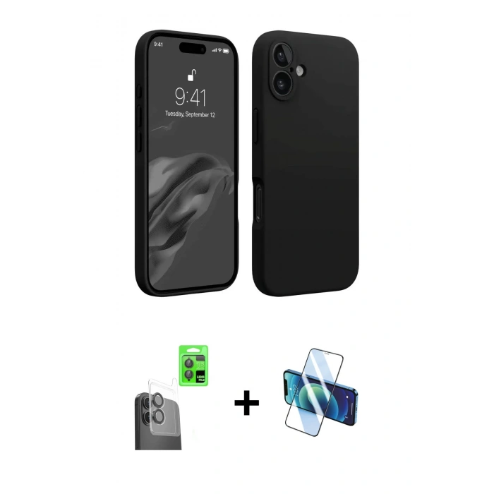 MARSİLYAN™- iPhone 16 Kılıf Kozmos Yansıma Özel Seri - Siyah 3D Antistatik Seramik Nano Ekran Koruyucu + Raze Metal Kamera Lens - SH