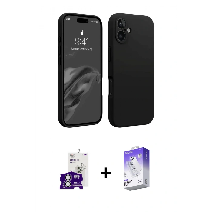MARSİLYAN™- iPhone 16 Kılıf Kozmos Yansıma Özel Seri - Siyah Bilvis 5in1 3D Magic Cam Ekran Koruyucu + Bilvis Titan Kamera Lens - GS