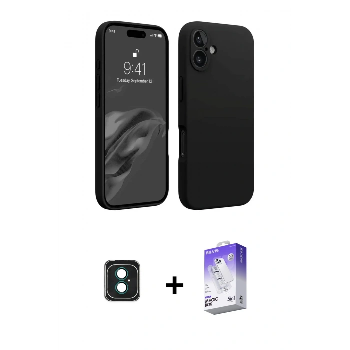 MARSİLYAN™- iPhone 16 Kılıf Kozmos Yansıma Özel Seri - Siyah Bilvis 5in1 3D Magic Cam Ekran Koruyucu + PVD Metal Kamera Lens - YL